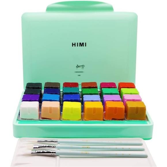 HIMI Gouache Paint Set, 24 Colors x 30ml/1oz with 3 Brushes & a Palette, Unique - Picture 3 of 7